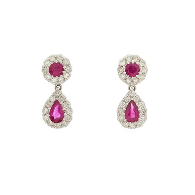 Lot 126 - A pair of 18ct gold pear-shape ruby and...