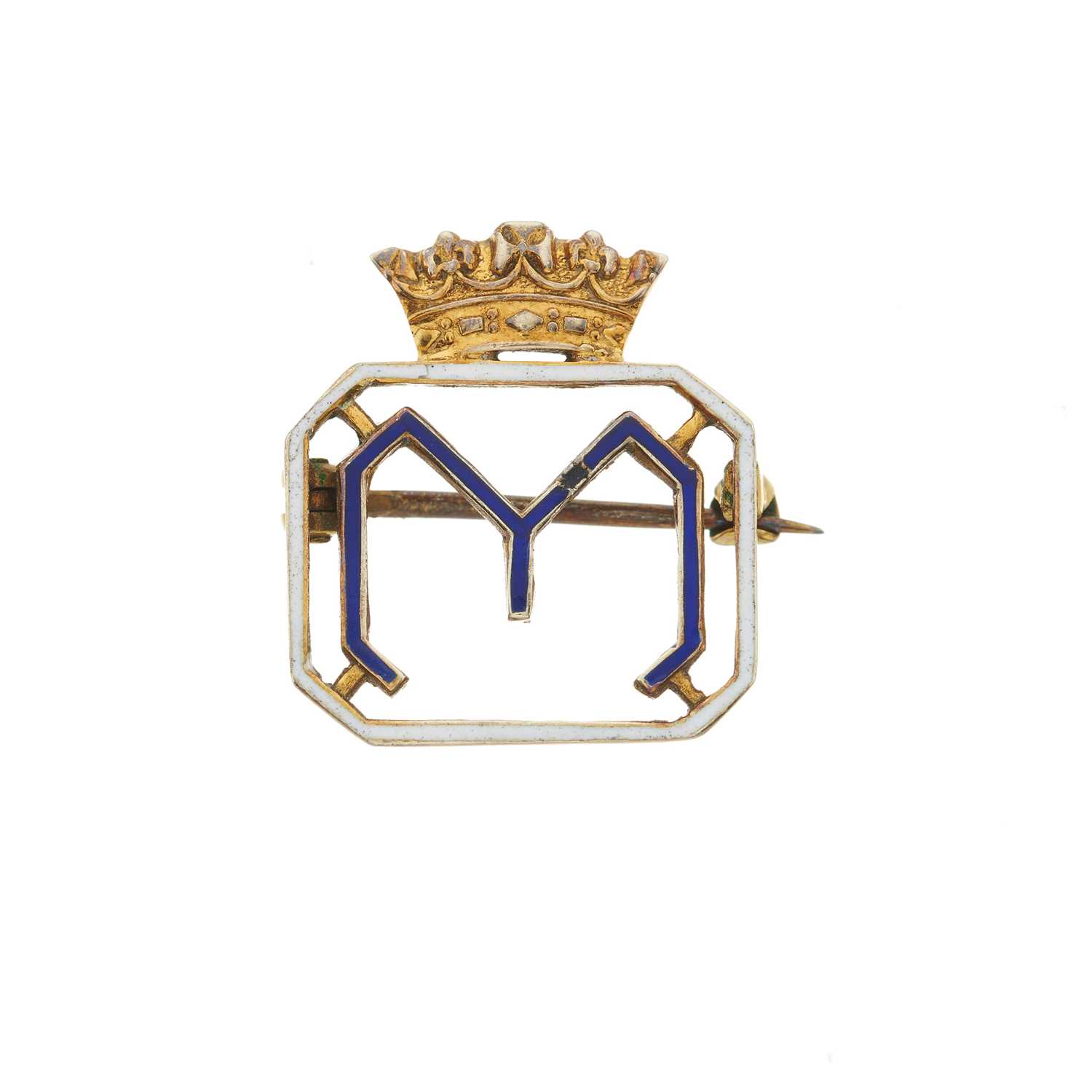 Lot 44 - A mid 20th century enamel monogram M brooch, with provenance to the Duchess of Kent