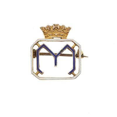 Lot 44 - A mid 20th century enamel monogram M brooch, with provenance to the Duchess of Kent