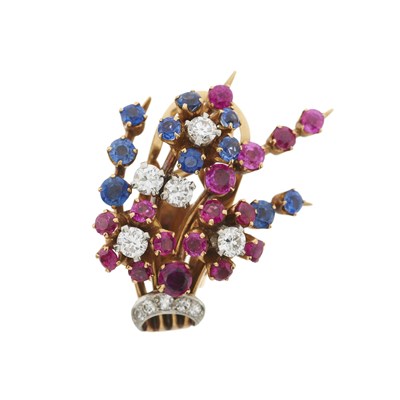 Lot 103 - A brilliant-cut diamond, ruby and sapphire single earring