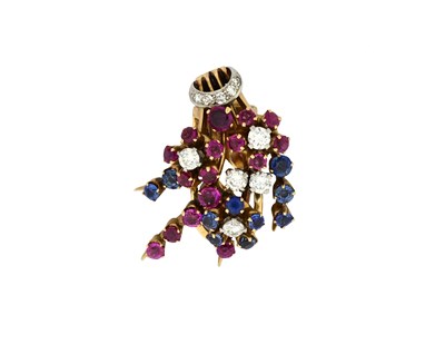 Lot 103 - A brilliant-cut diamond, ruby and sapphire single earring