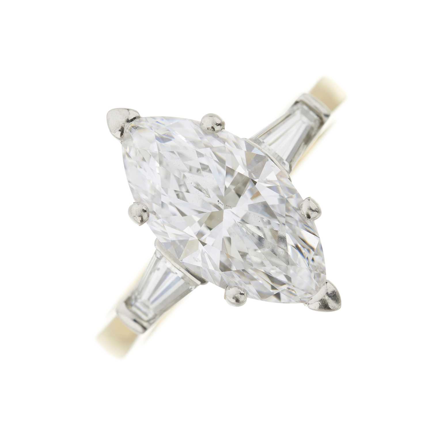 Lot 105 - An 18ct gold marquise-cut diamond single-stone ring, with diamond shoulders