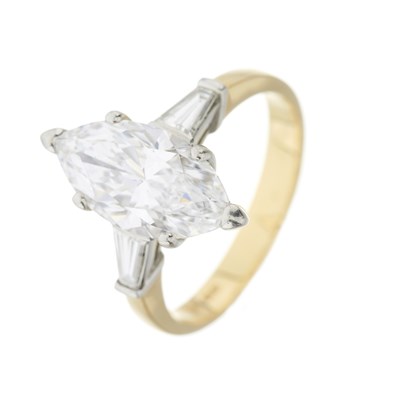 Lot 105 - An 18ct gold marquise-cut diamond single-stone ring, with diamond shoulders