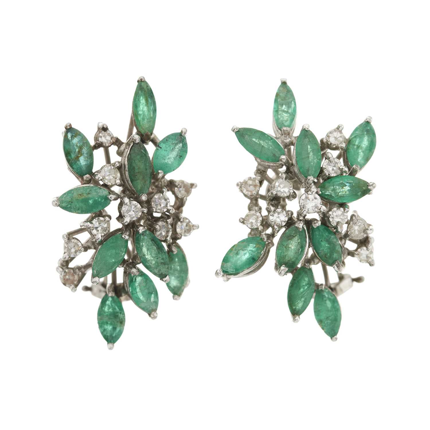 Lot 67 - A pair of emerald and single-cut diamond earrings