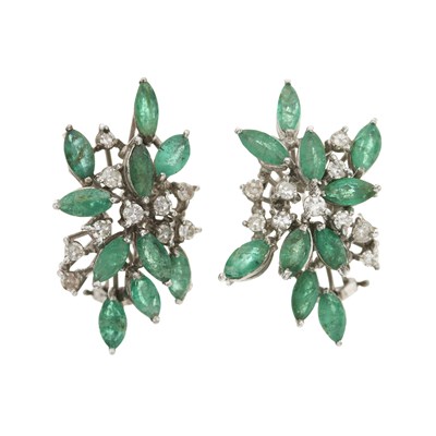 Lot 67 - A pair of emerald and single-cut diamond earrings