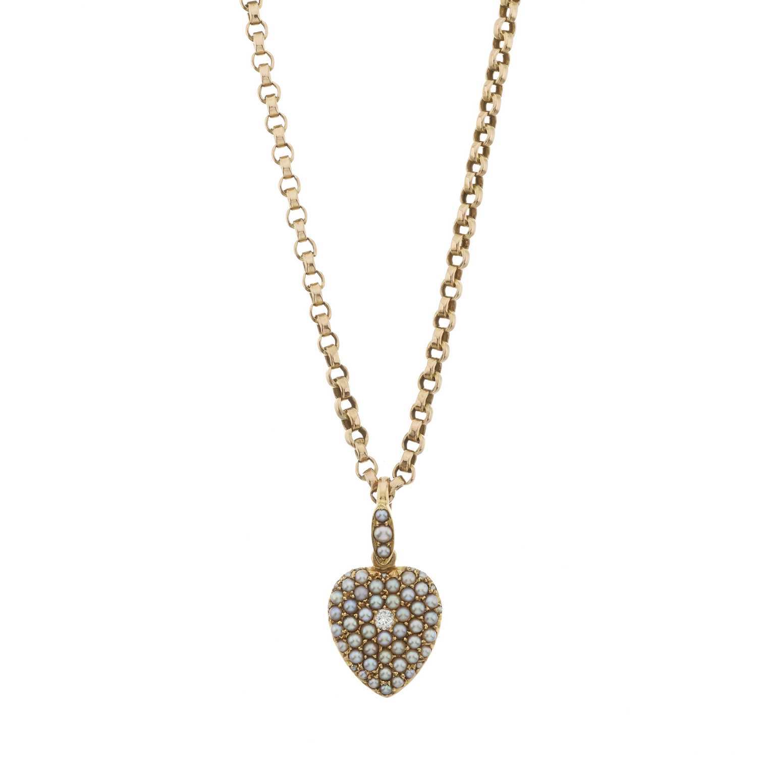Lot 2 - An Edwardian 9ct gold split pearl and old-cut diamond heart pendant and chain