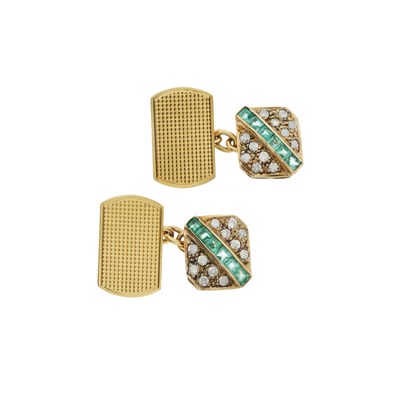 Lot 65 - A pair of mid 20th century emerald and diamond cufflinks