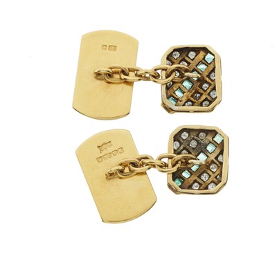 Lot 65 - A pair of mid 20th century emerald and diamond cufflinks