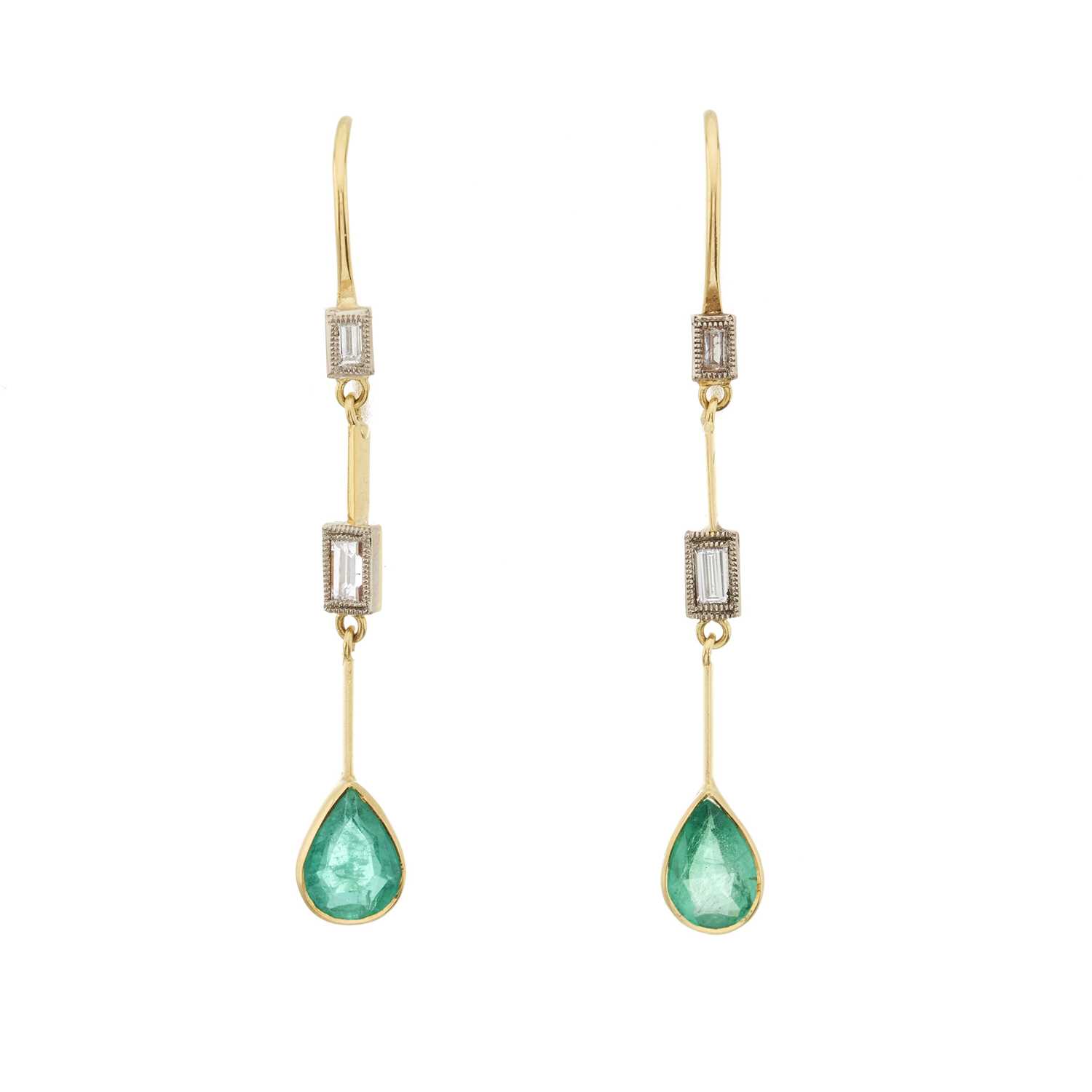Lot 68 - A pair of emerald and baguette-cut diamond drop earrings
