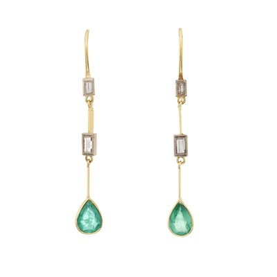 Lot 68 - A pair of emerald and baguette-cut diamond drop earrings
