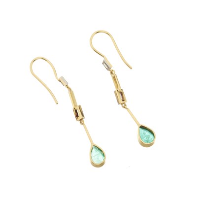 Lot 68 - A pair of emerald and baguette-cut diamond drop earrings