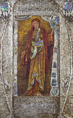 Lot 74 - An Arts and Crafts silvered and polychrome...