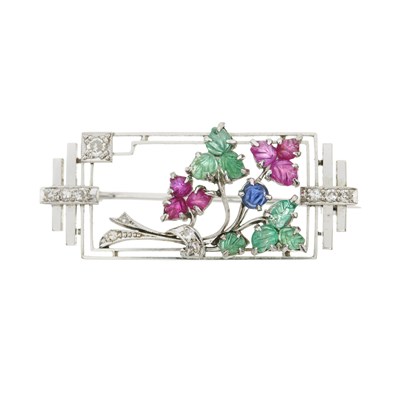 Lot 43 - An Art Deco 18ct gold single-cut diamond, emerald, ruby and sapphire foliate brooch