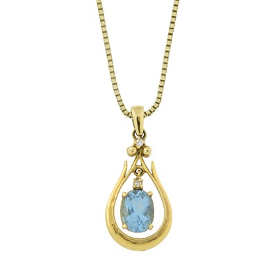 Lot 524 - A blue topaz and diamond pendant with chain