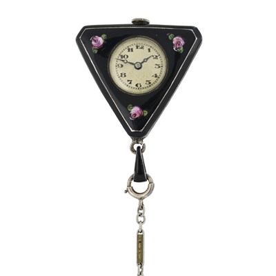 Lot 480 - J. Grevere, an early 20th century enamel pendant watch and chain