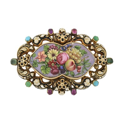Lot 572 - A Victorian 15ct gold gem-set and enamel floral brooch