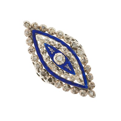 Lot 19 - A late Georgian rose-cut diamond and blue enamel navette shaped ring