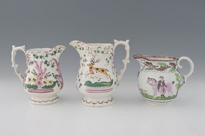 Lot 771 - Three Sunderland lustre relief moulded jugs,...