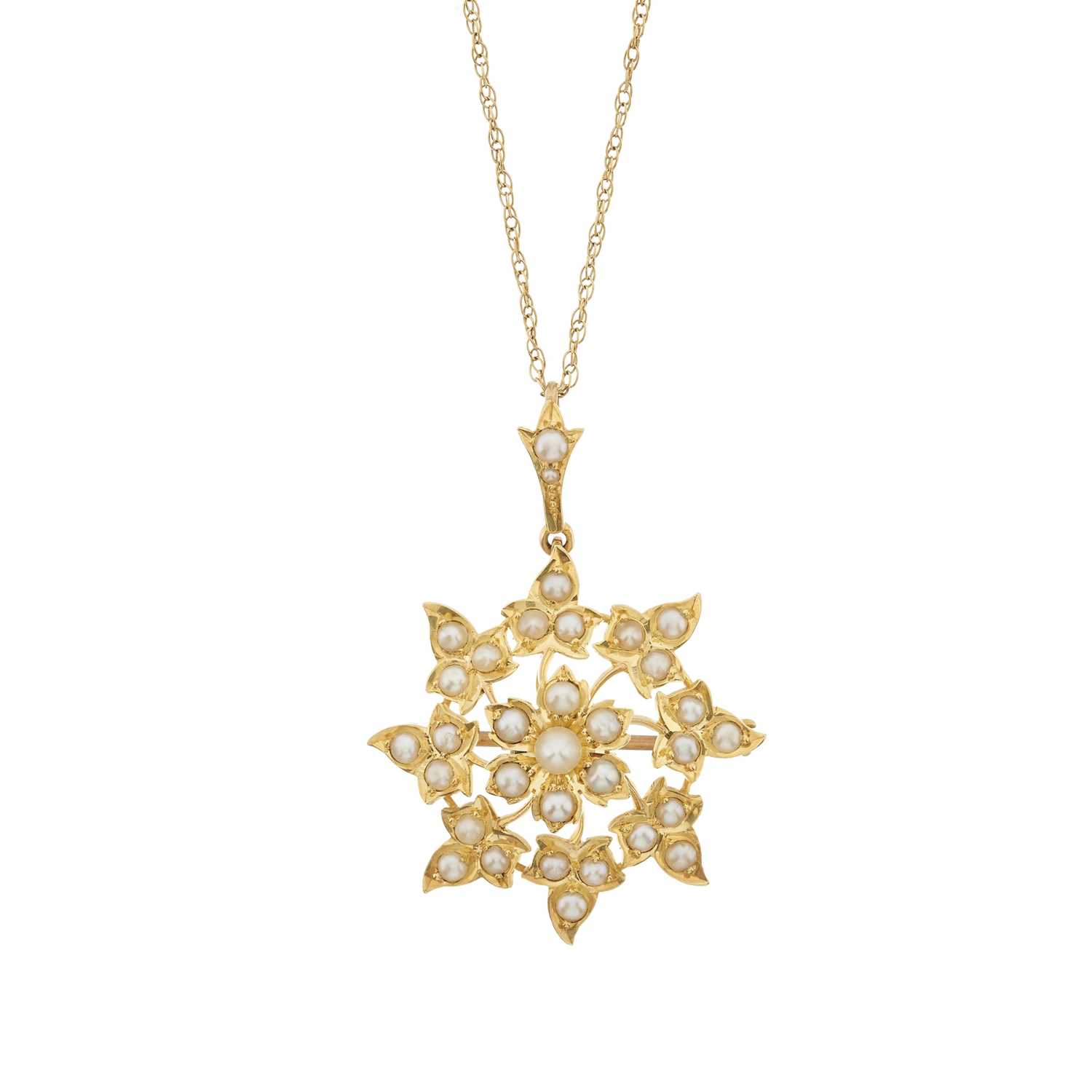 Lot 7 - A late Victorian 15ct gold split pearl floral cluster pendant with later chain