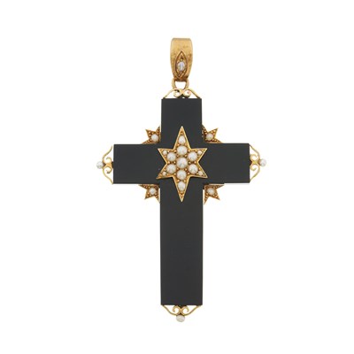 Lot 20 - A late Victorian 18ct gold onyx and split pearl cross pendant