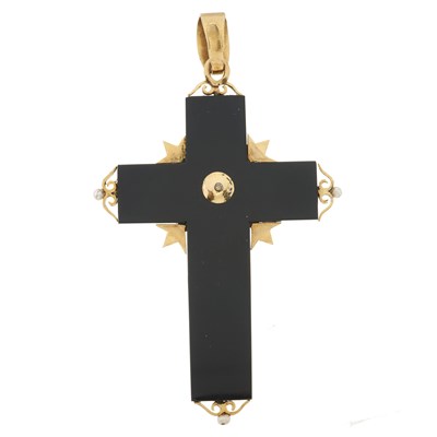 Lot 20 - A late Victorian 18ct gold onyx and split pearl cross pendant