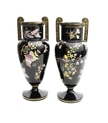 Lot 170 - A pair of tall Jackfield urn vases, enamelled...