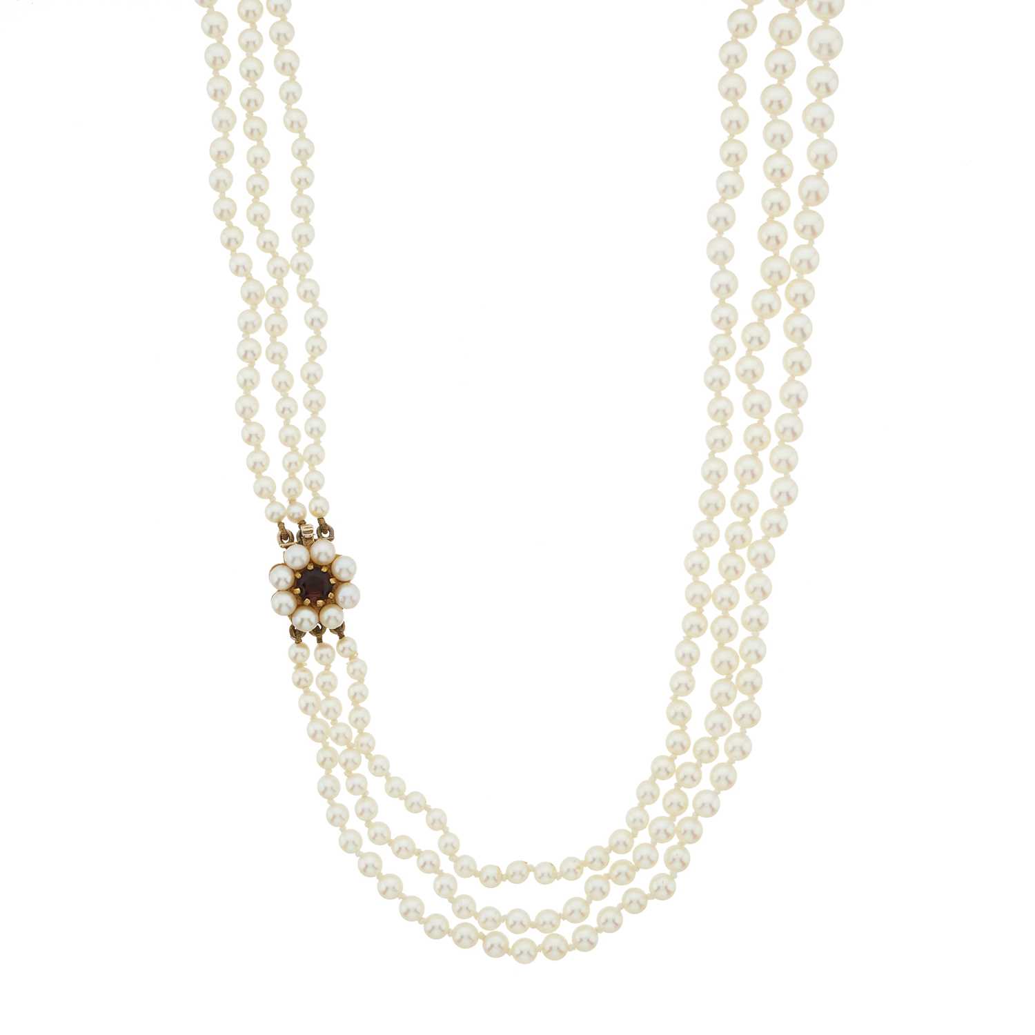 Lot 49 - An early 20th century graduated cultured pearl three-row necklace, with 9ct gold clasp