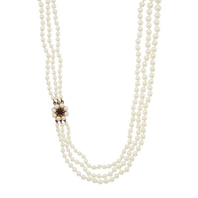 Lot 49 - An early 20th century graduated cultured pearl three-row necklace, with 9ct gold clasp