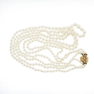 Lot 49 - An early 20th century graduated cultured pearl three-row necklace, with 9ct gold clasp