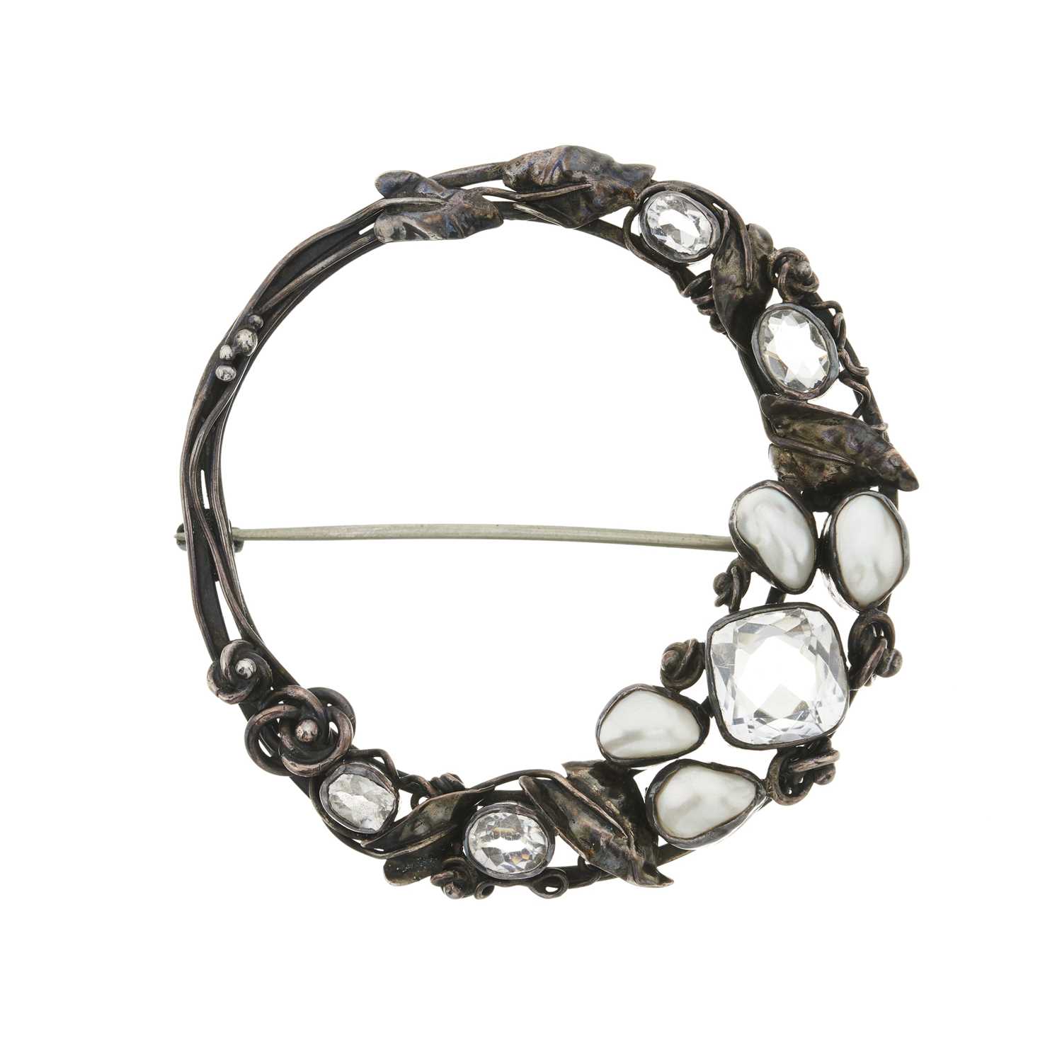 Lot 82 - A large Arts & Crafts silver rock crystal and coque de perle brooch, attributed to Dorrie Nossiter