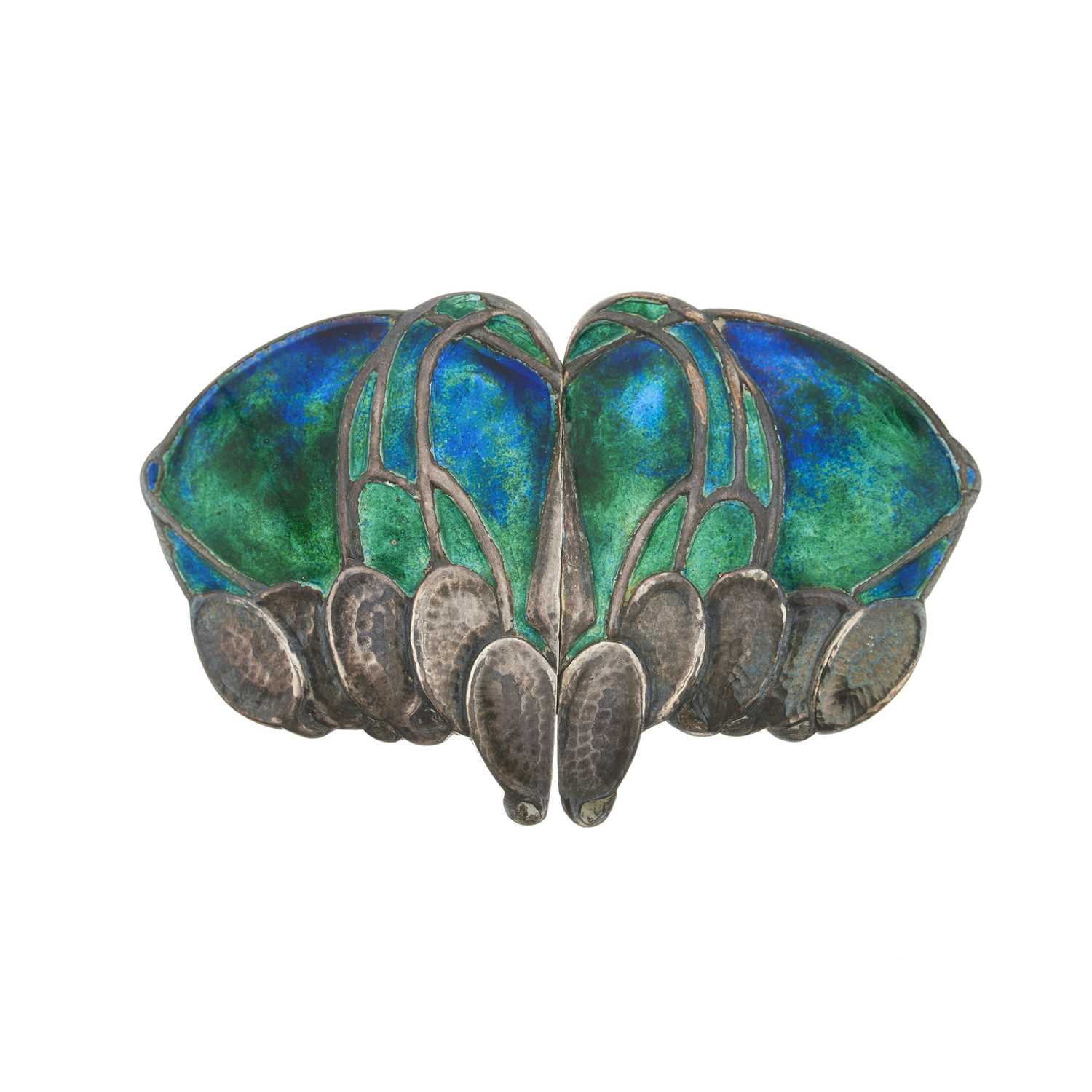 Lot 79 - Archibald Knox, an Arts and Crafts silver enamel buckle, maker's mark William Hair Haseler