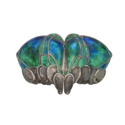 Lot 79 - Archibald Knox, an Arts and Crafts silver enamel buckle, maker's mark William Hair Haseler