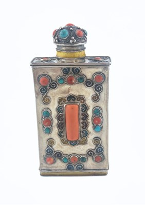 Lot 474 - A coral, turquoise and enamel white metal bottle