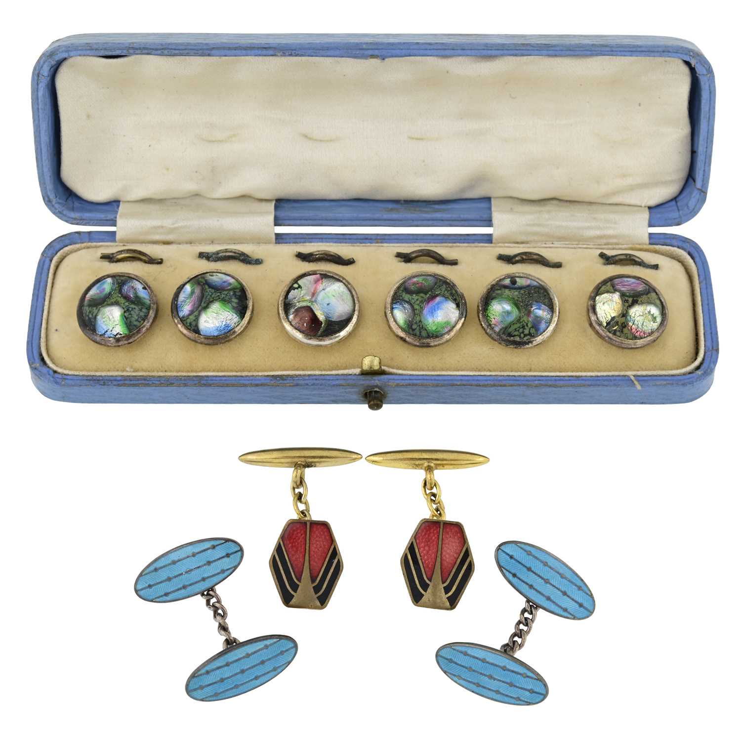 Lot 38 - A pair of Charles Horner silver enamel cufflinks, further cufflinks and button set
