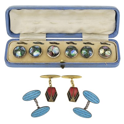Lot 38 - A pair of Charles Horner silver enamel cufflinks, further cufflinks and button set