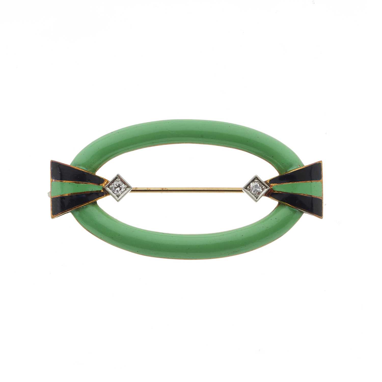 Lot 81 - An Art Deco green and black enamel and old-cut diamond brooch