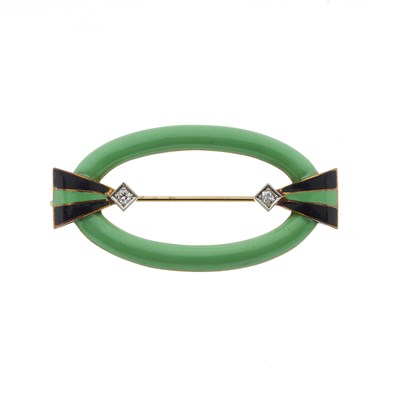 Lot 81 - An Art Deco green and black enamel and old-cut diamond brooch