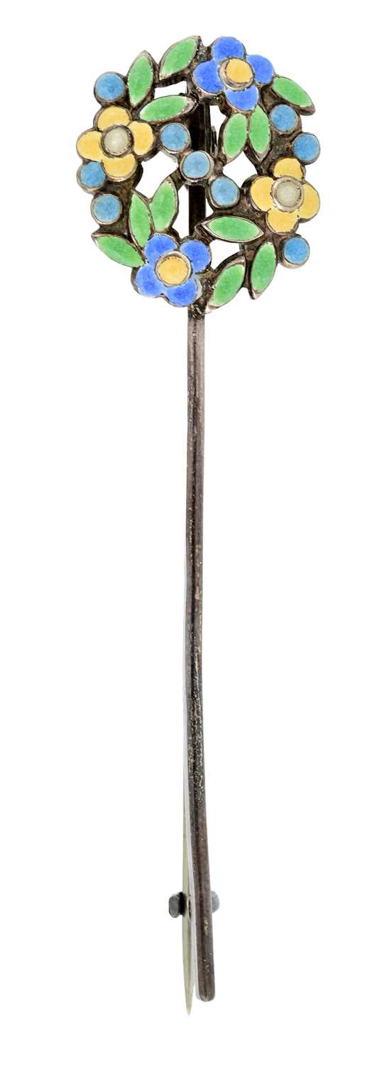 Lot 5 - Bernard Instone, an Arts & Crafts silver enamel floral bar brooch
