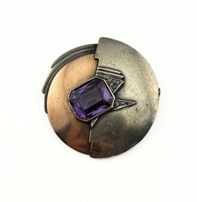Lot 456 - A mid 20th century synthetic colour change sapphire and rose-cut diamond geometric brooch