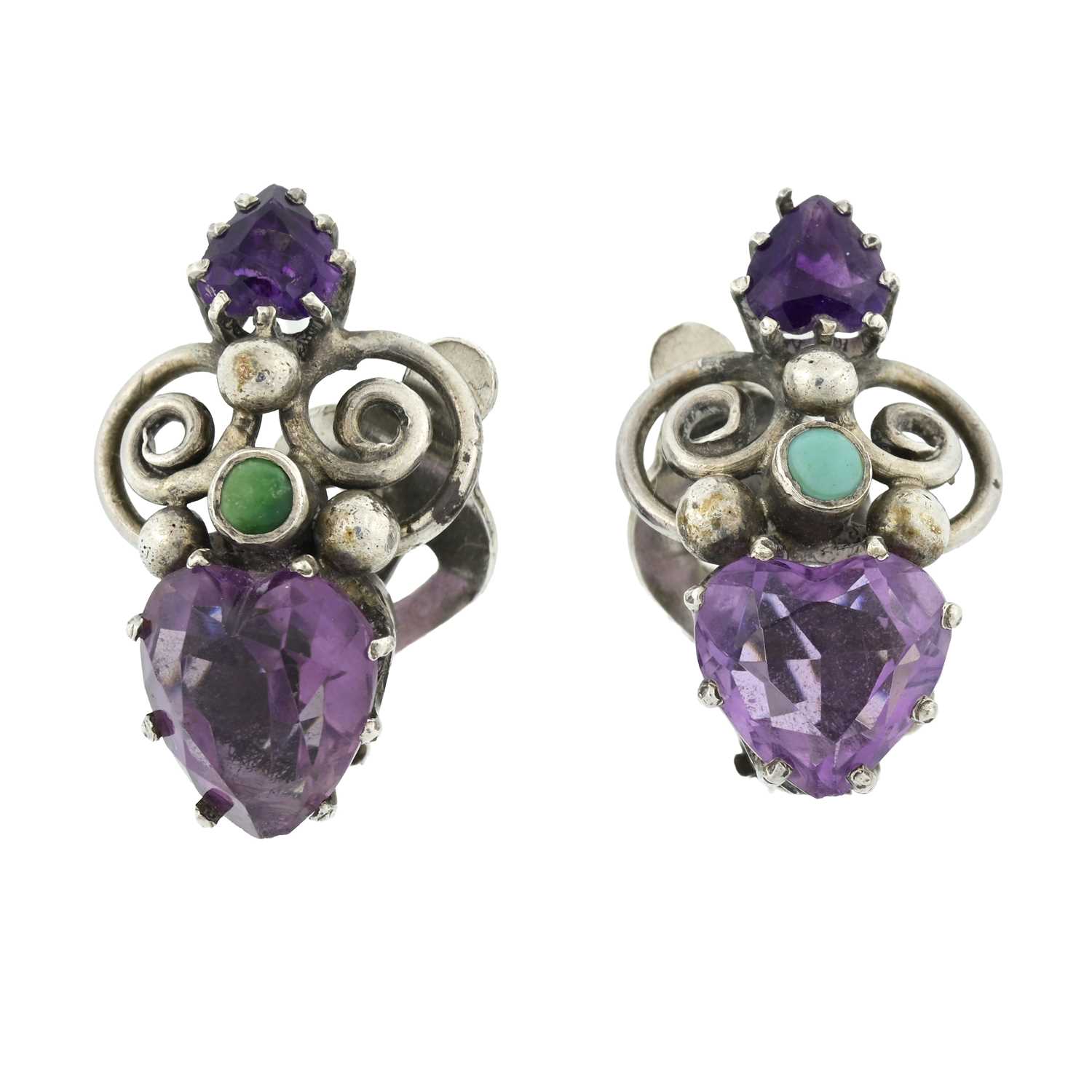 Lot 14 - A pair of Arts & Crafts silver amethyst and turquoise clip-on earrings