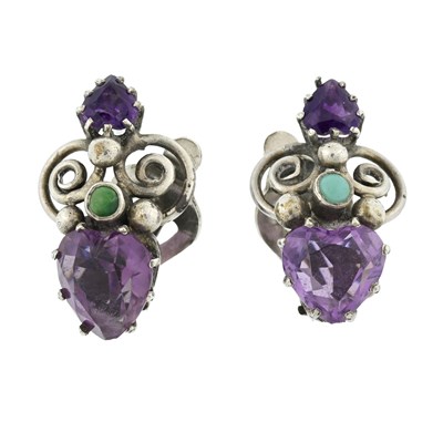 Lot 14 - A pair of Arts & Crafts silver amethyst and turquoise clip-on earrings
