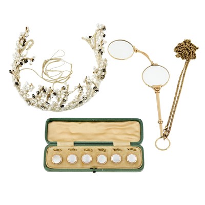 Lot 530 - A pair of early 20th century lorgnettes, a set of buttons and an imitation pearl and paste tiara
