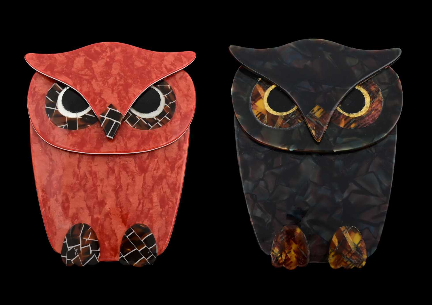 Lot 92 - Lea Stein, two celluloid owl brooches, c. 1990