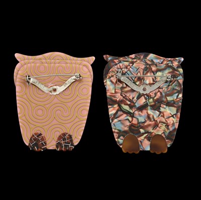 Lot 92 - Lea Stein, two celluloid owl brooches, c. 1990