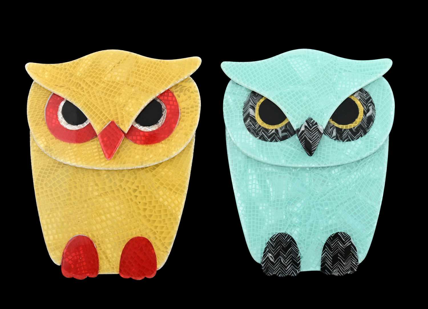 Lot 84 - Lea Stein, two celluloid owl brooches, c. 1990