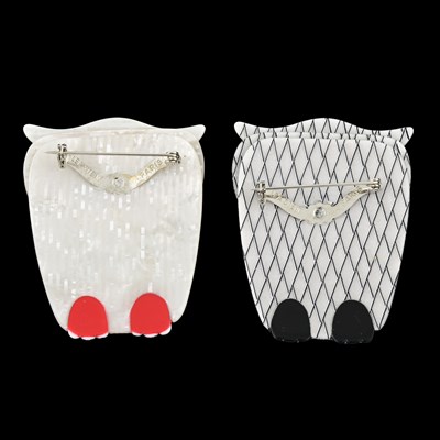 Lot 84 - Lea Stein, two celluloid owl brooches, c. 1990