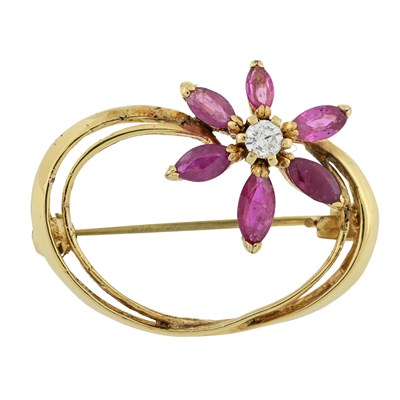 Lot 488 - A 9ct gold ruby and brilliant-cut diamond flower brooch