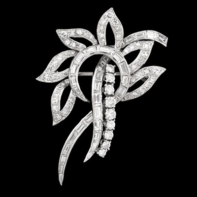 Lot 575 - A brilliant, baguette and single-cut diamond foliate brooch