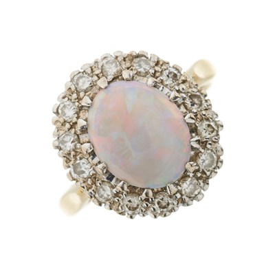 Lot 188 - An 18ct gold opal cabochon and brilliant-cut diamond cluster ring