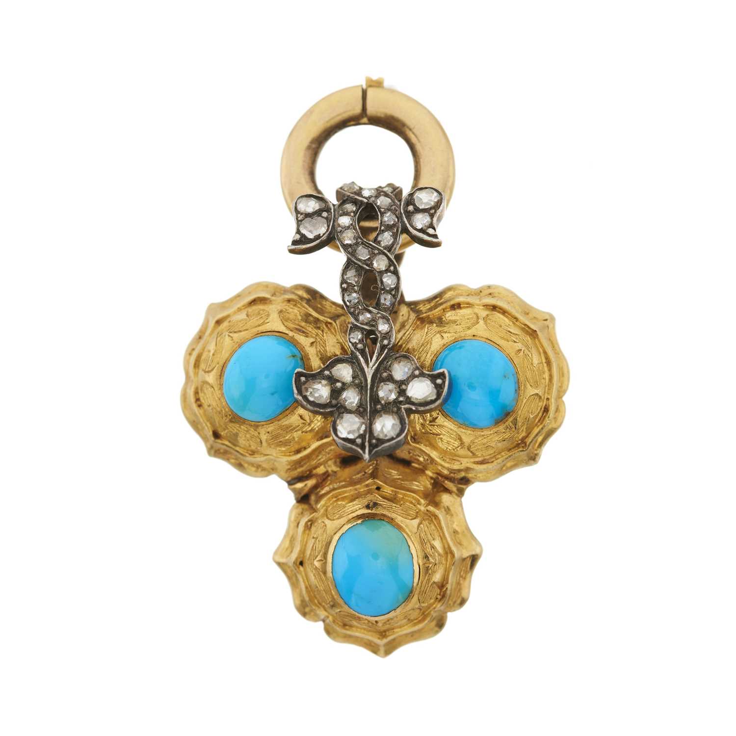 Lot 26 - A mid Victorian 15ct gold turquoise and rose-cut diamond mourning pendant